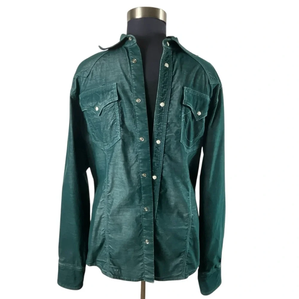 True Religion Rocky Men Dark Teal ‎ Chambray Corduroy Western Pearl button Shirt